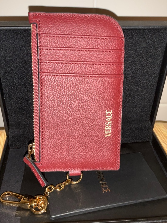 Versace Burgundy Leather Card & Key Pouch with Gold Medusa Charm - Picture 3 of 9